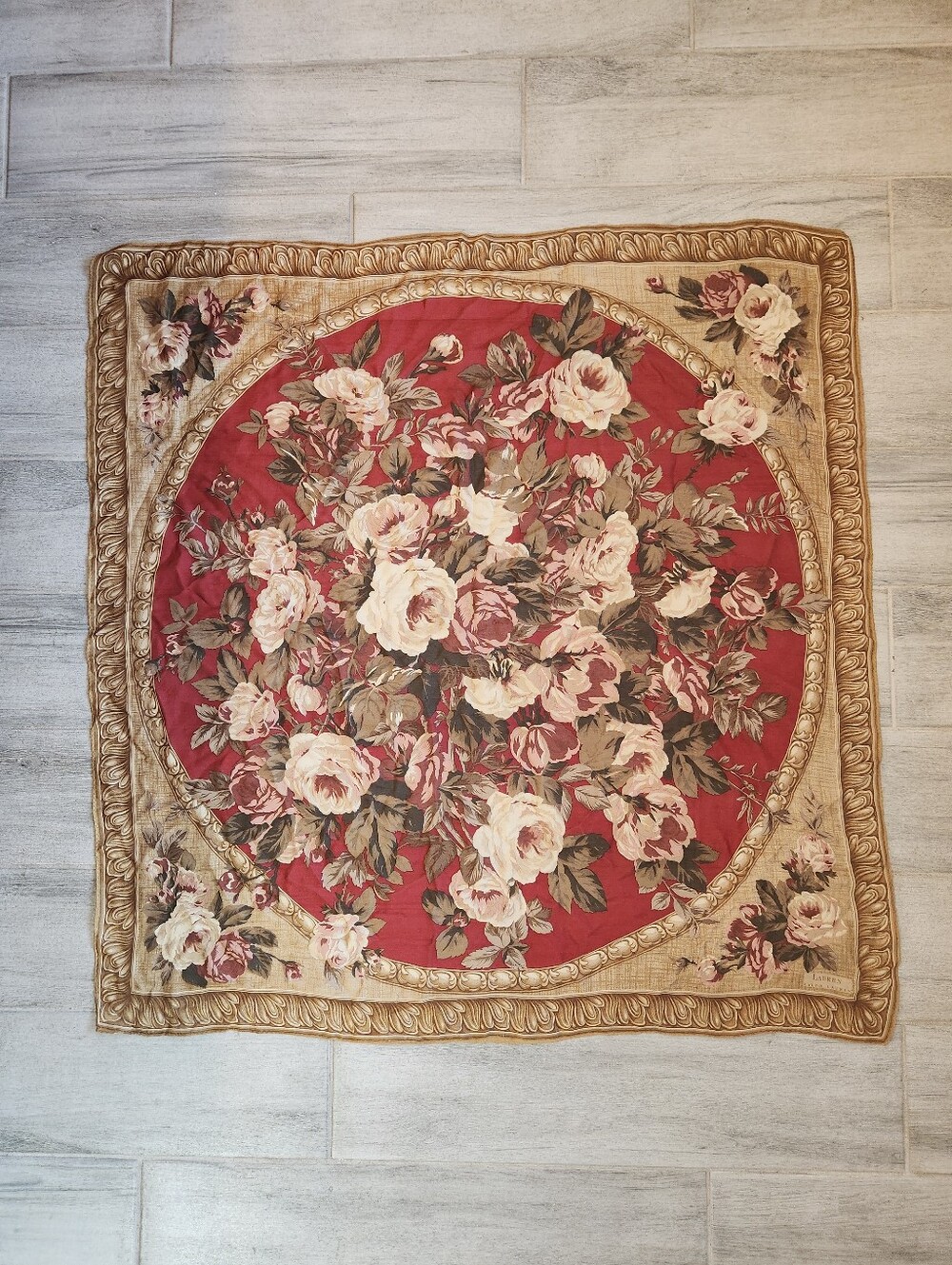Vtg Ralph Lauren RLL Scarf Carre Burgundy Red Tan Floral Framed Square Giant